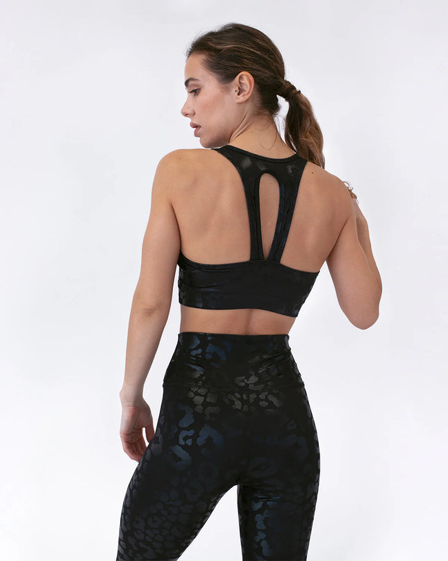 Lume | Sports Bra for Women with Metallic Leopard Design - Black