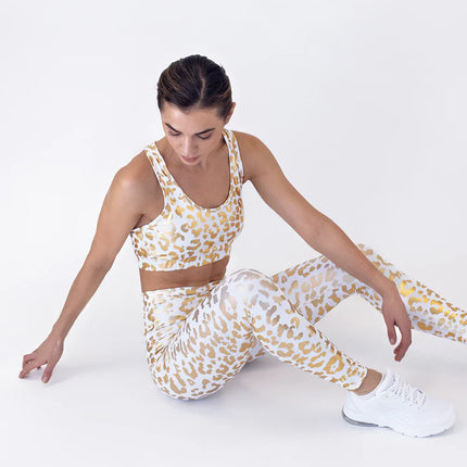 Lume | Sports Bra for Women with Metallic Leopard Design - White