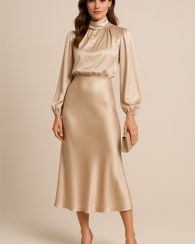 Amaya | High Collar Midi Dress – Satin Long Sleeves Formal Dress