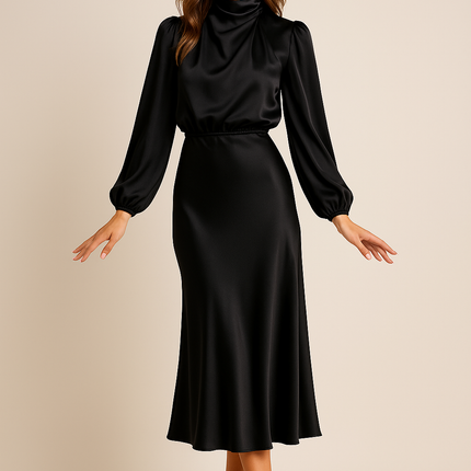 Amaya | High Collar Midi Dress – Satin Long Sleeves Formal Dress