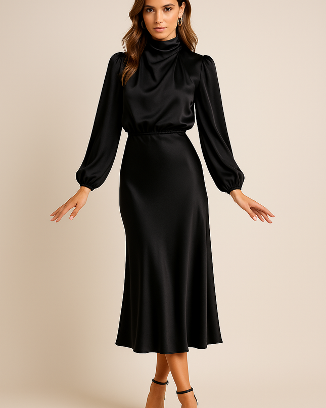 Amaya | High Collar Midi Dress – Satin Long Sleeves Formal Dress