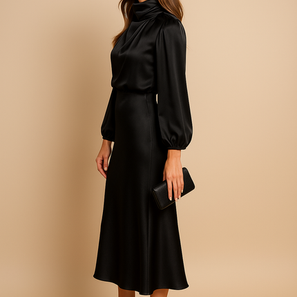 Amaya | High Collar Midi Dress – Satin Long Sleeves Formal Dress
