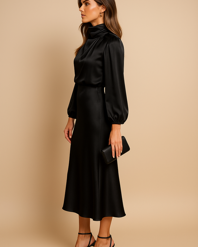 Amaya | High Collar Midi Dress – Satin Long Sleeves Formal Dress