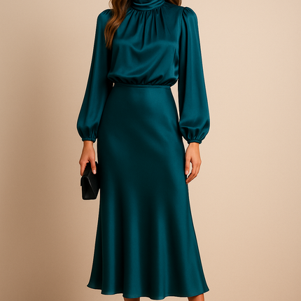 Amaya | High Collar Midi Dress – Satin Long Sleeves Formal Dress
