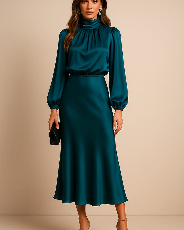 Amaya | High Collar Midi Dress – Satin Long Sleeves Formal Dress