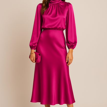 Amaya | High Collar Midi Dress – Satin Long Sleeves Formal Dress