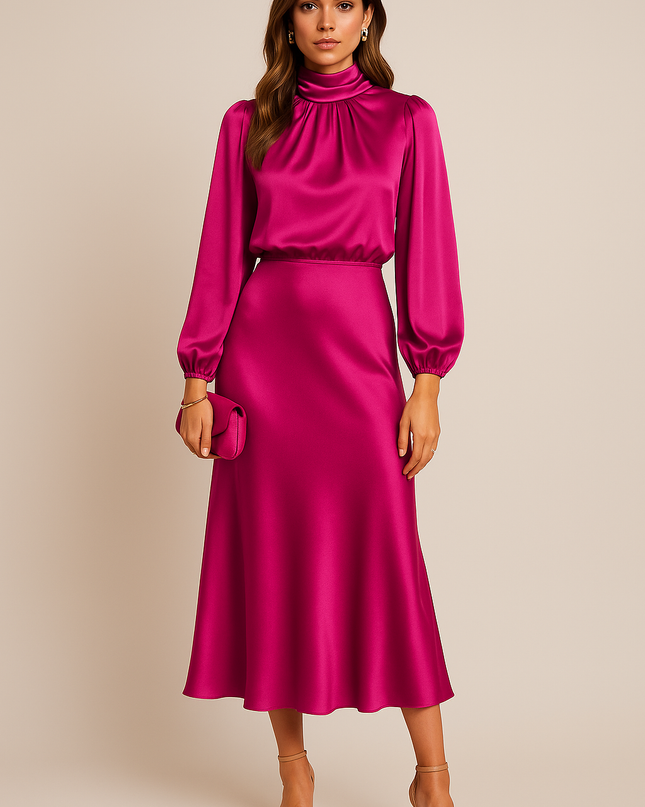 Amaya | High Collar Midi Dress – Satin Long Sleeves Formal Dress