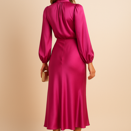 Amaya | High Collar Midi Dress – Satin Long Sleeves Formal Dress