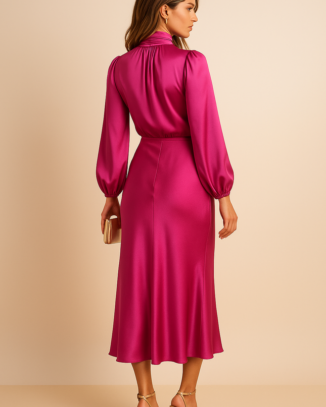 Amaya | High Collar Midi Dress – Satin Long Sleeves Formal Dress