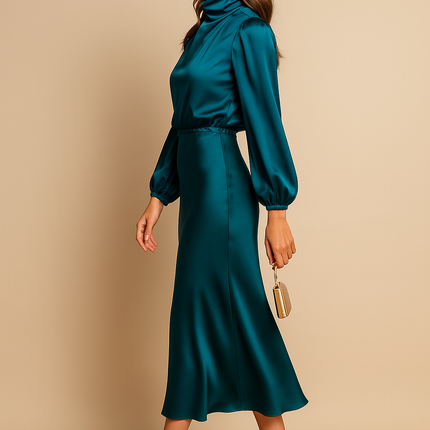 Amaya | High Collar Midi Dress – Satin Long Sleeves Formal Dress