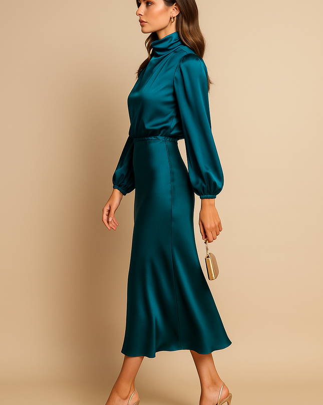 Amaya | High Collar Midi Dress – Satin Long Sleeves Formal Dress
