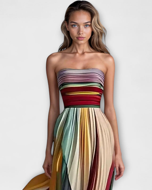 Averly | Strapless Multicolor Maxi Dress – Pleated Formal Dress