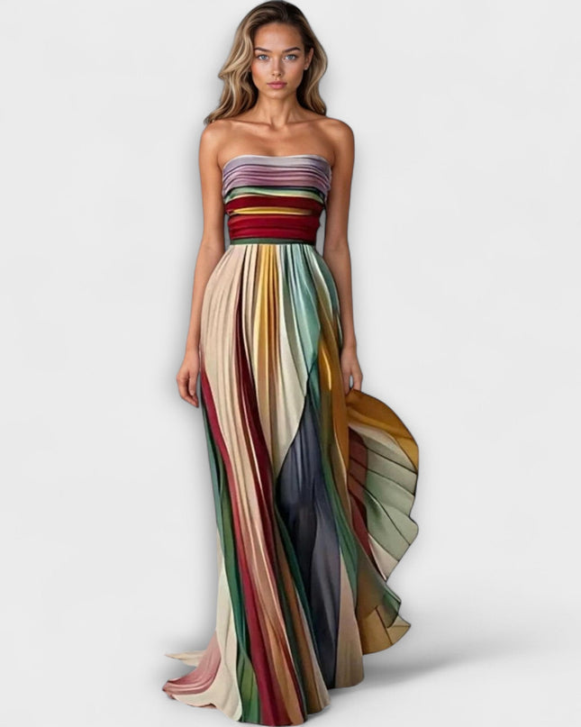 Averly | Strapless Multicolor Maxi Dress – Pleated Formal Dress