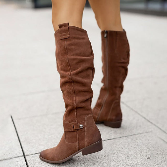 Evalon | Side-Zip Buckle Knee High Boots – Suede Boots