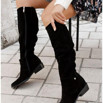 Evalon | Side-Zip Buckle Knee High Boots – Suede Boots