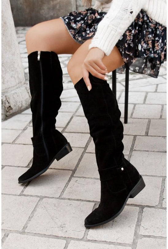 Evalon | Side-Zip Buckle Knee High Boots – Suede Boots