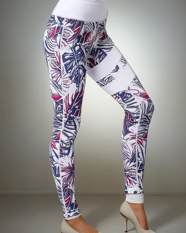Fiorenza | Women’s Floral Performance Leggings – Luxe Activewear - Abstract White Leaf