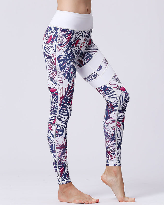 Fiorenza | Women’s Floral Performance Leggings – Luxe Activewear - Abstract White Leaf