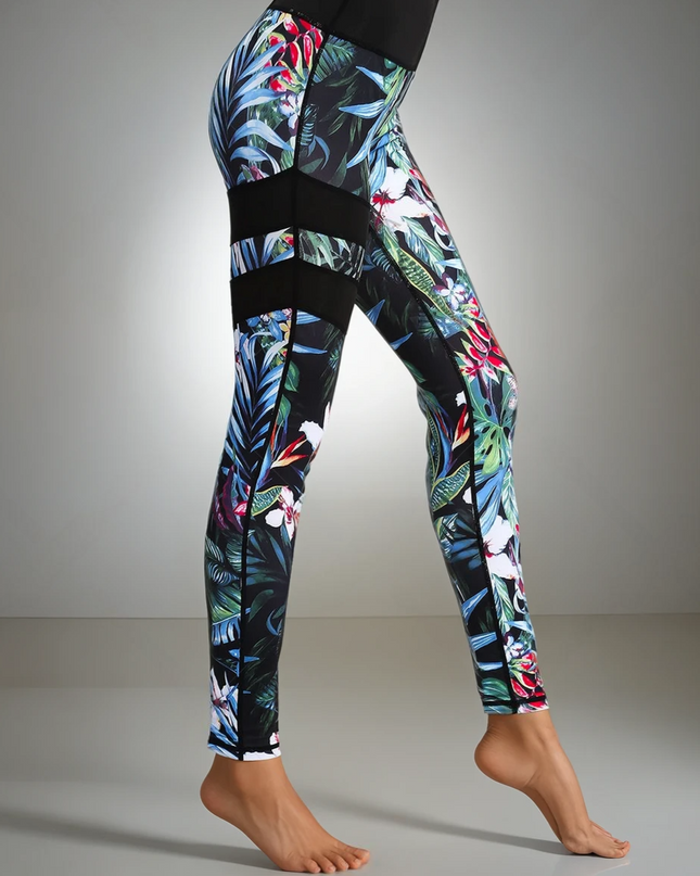 Fiorenza | Women’s Floral Performance Leggings – Luxe Activewear - Black Blue Leaf