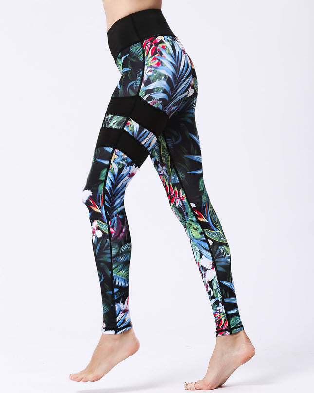 Fiorenza | Women’s Floral Performance Leggings – Luxe Activewear - Black Blue Leaf