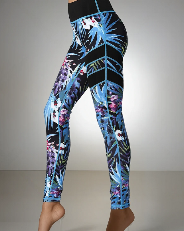Fiorenza | Women’s Floral Performance Leggings – Luxe Activewear - Light Blue Leaf