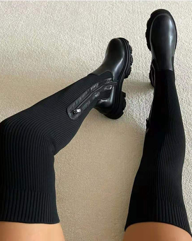 Florencea | Heeled Knee-High Boots – Knitted Socks with Zipper