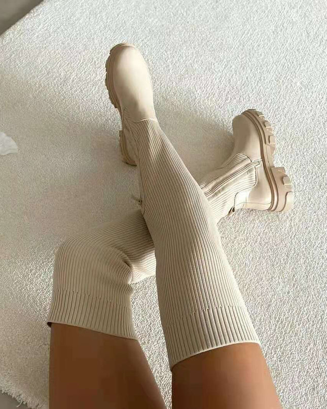 Florencea | Heeled Knee-High Boots – Knitted Socks with Zipper