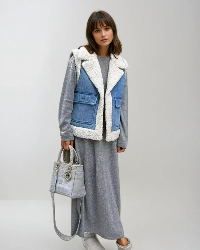 Hadleyra | Shearling Denim Vest – Lapel with Pockets