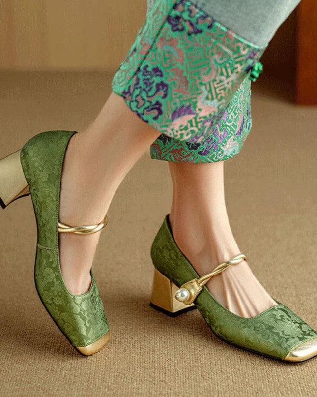 Isabrel | Square Toe Mary Jane Shoes – Square Heels with Pearl