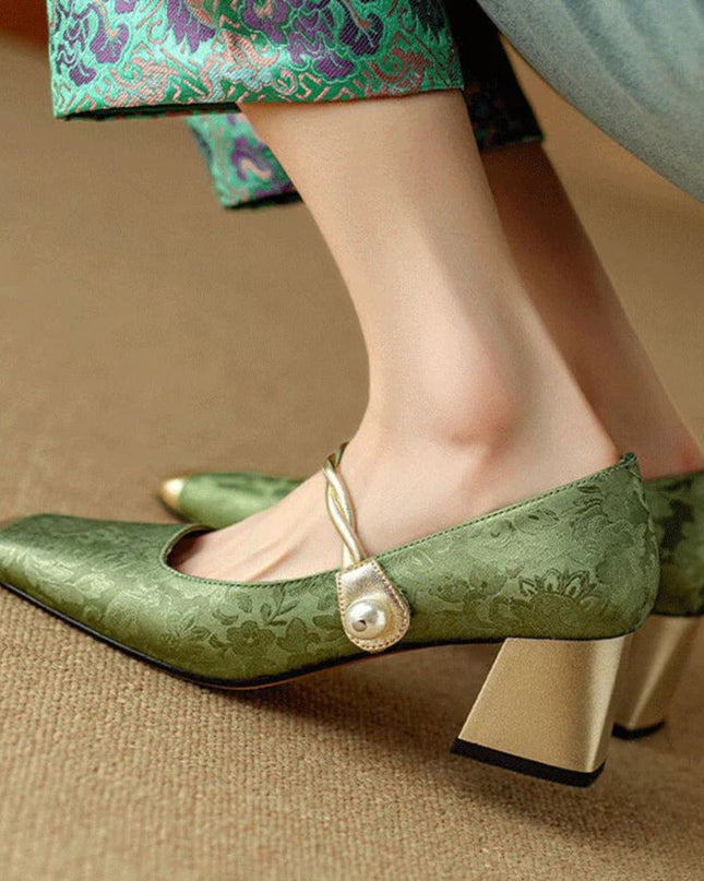 Isabrel | Square Toe Mary Jane Shoes – Square Heels with Pearl