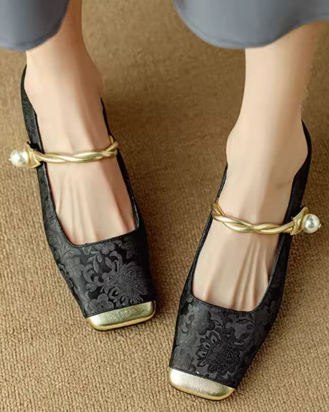 Isabrel | Square Toe Mary Jane Shoes – Square Heels with Pearl