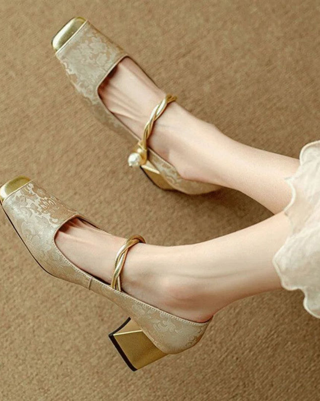 Isabrel | Square Toe Mary Jane Shoes – Square Heels with Pearl
