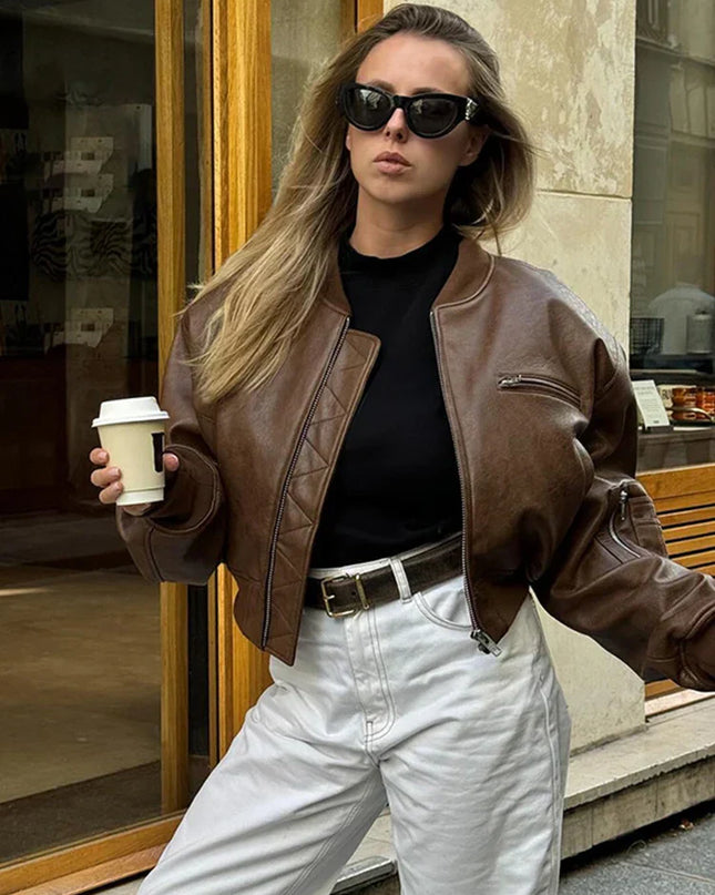 Juniper  | Vintage Cropped Jacket – Leather Jacket with Zipper