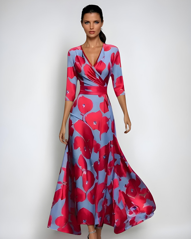 Lynoria | Floral Maxi Dress – V-neck with 3/4 Sleeves