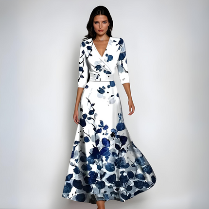Lynoria | Floral Maxi Dress – V-neck with 3/4 Sleeves
