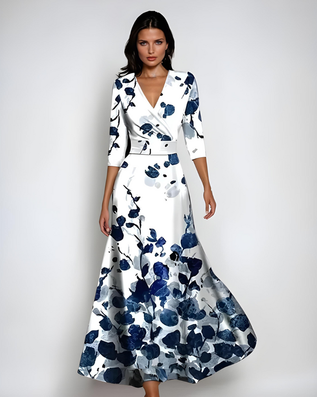 Lynoria | Floral Maxi Dress – V-neck with 3/4 Sleeves