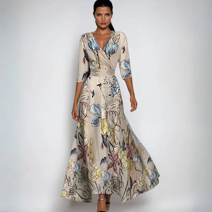 Lynoria | Floral Maxi Dress – V-neck with 3/4 Sleeves