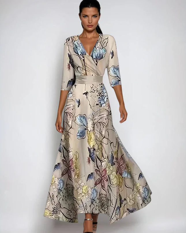Lynoria | Floral Maxi Dress – V-neck with 3/4 Sleeves