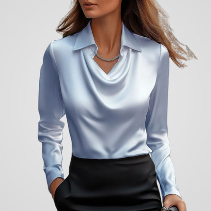 Malvinia | Long Sleeve Satin Blouse – V-neck with Collar