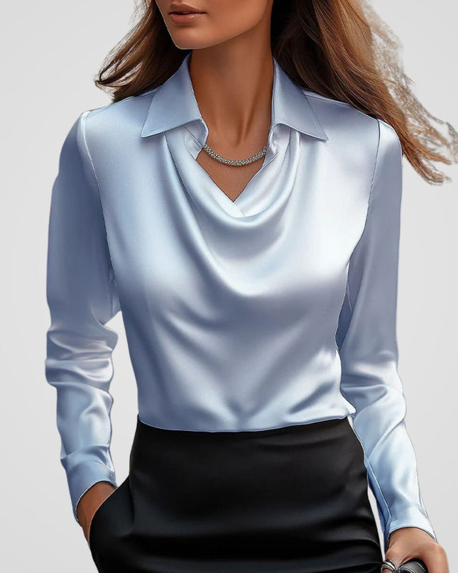 Malvinia | Long Sleeve Satin Blouse – V-neck with Collar