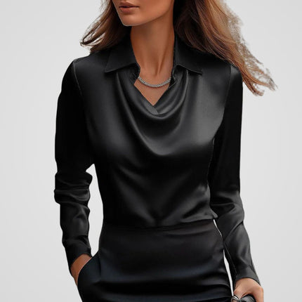 Malvinia | Long Sleeve Satin Blouse – V-neck with Collar
