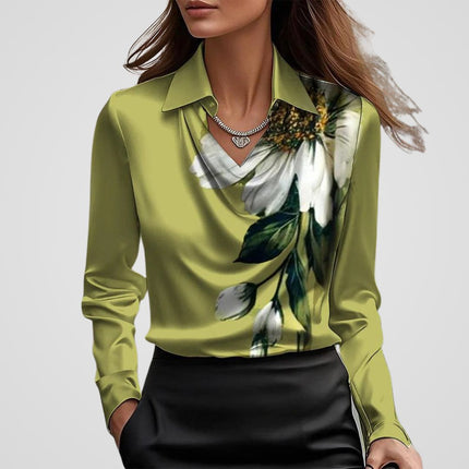 Malvinia | Long Sleeve Satin Blouse – V-neck with Collar