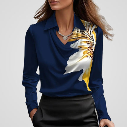 Malvinia | Long Sleeve Satin Blouse – V-neck with Collar