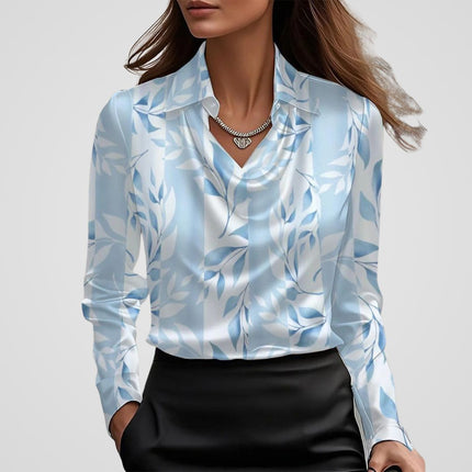 Malvinia | Long Sleeve Satin Blouse – V-neck with Collar