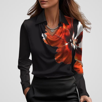 Malvinia | Long Sleeve Satin Blouse – V-neck with Collar