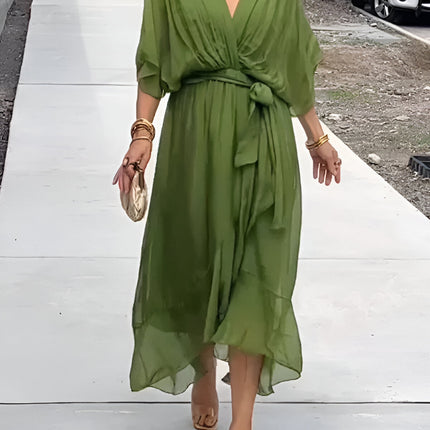 Margerin | V-neck Chiffon Midi Dress – Half Sleeves with Tie Belt