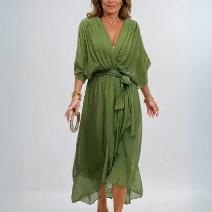 Margerin | V-neck Chiffon Midi Dress – Half Sleeves with Tie Belt