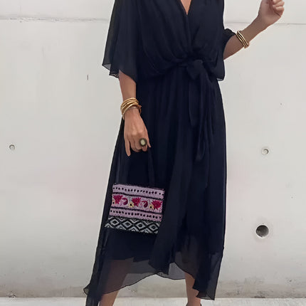 Margerin | V-neck Chiffon Midi Dress – Half Sleeves with Tie Belt