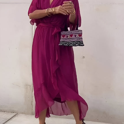 Margerin | V-neck Chiffon Midi Dress – Half Sleeves with Tie Belt