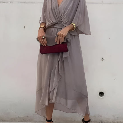 Margerin | V-neck Chiffon Midi Dress – Half Sleeves with Tie Belt